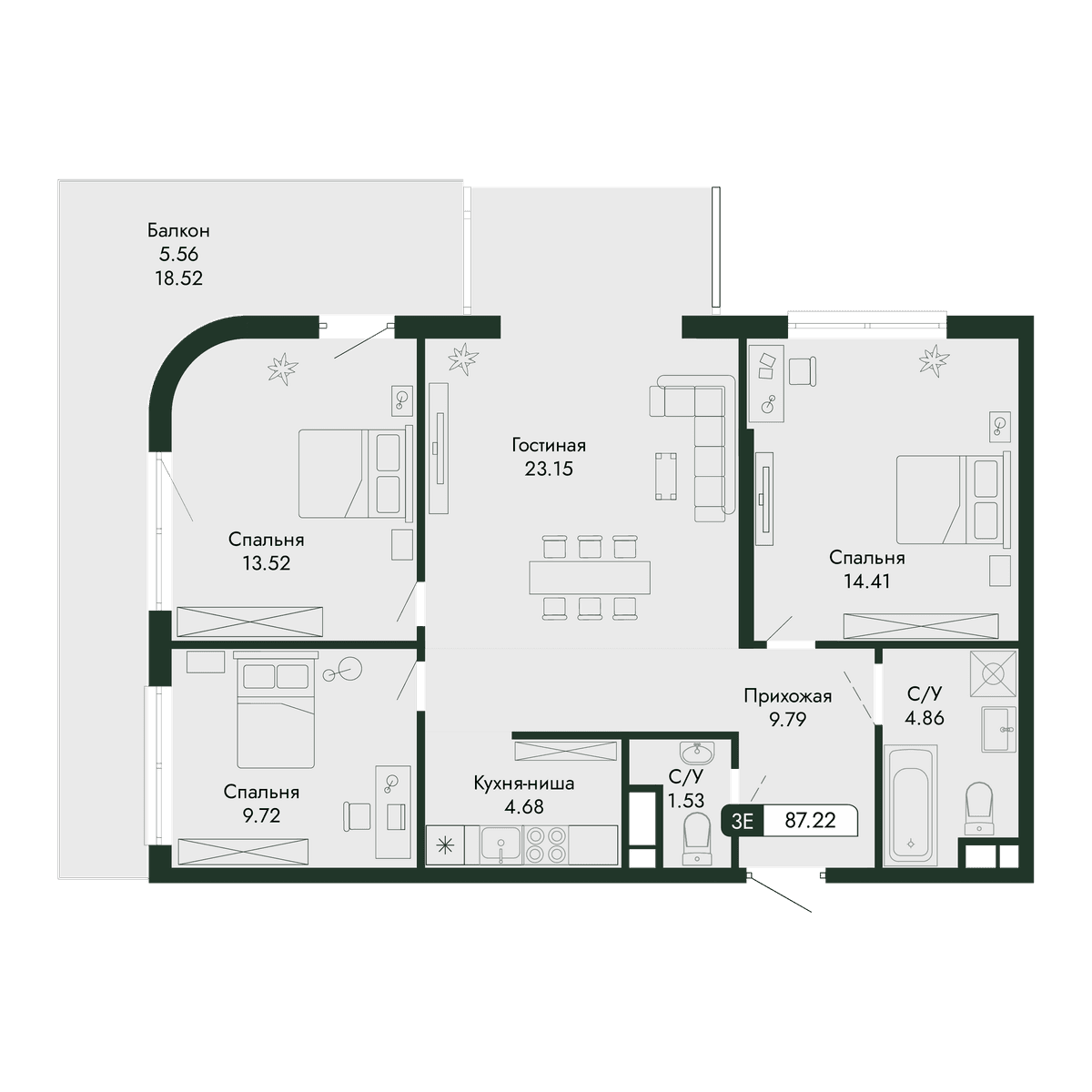 4-к, 87.22 м² · Парковая Резиденция