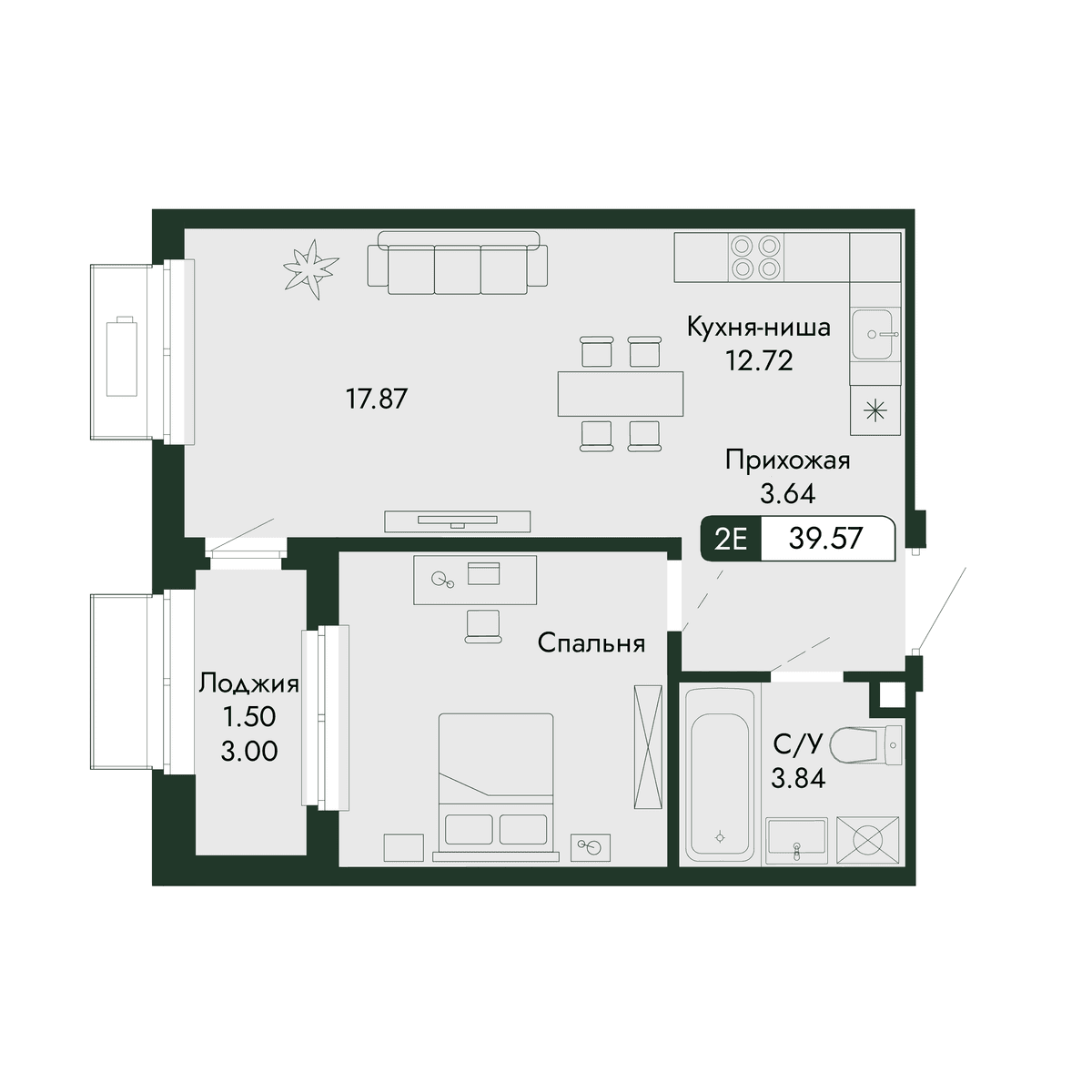 2-к, 39.57 м² · Парковая Резиденция
