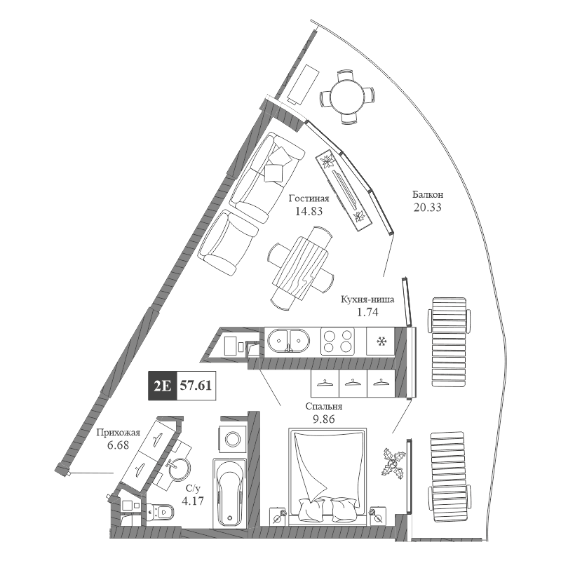 2-к, 57.61 м² · Крымская Резиденция