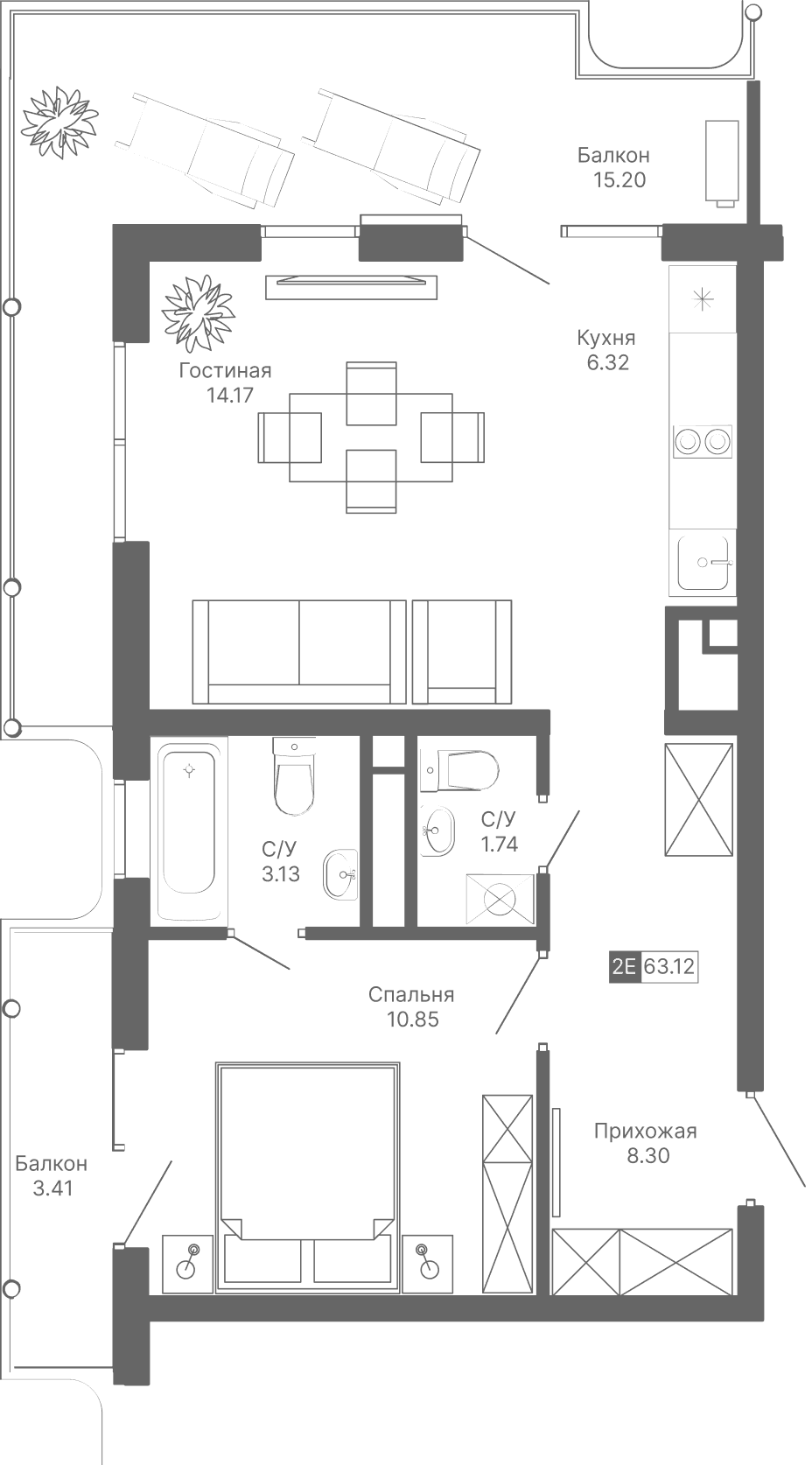 2-к, 63.12 м² · Крымская Резиденция