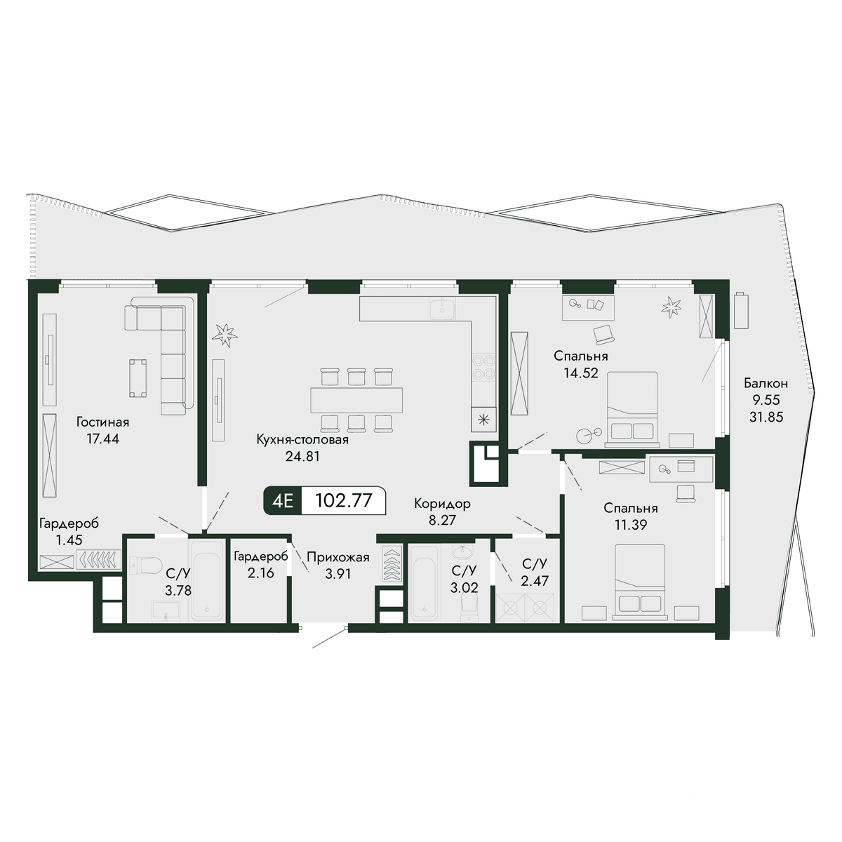 4-к, 102.77 м² · Парковая Резиденция