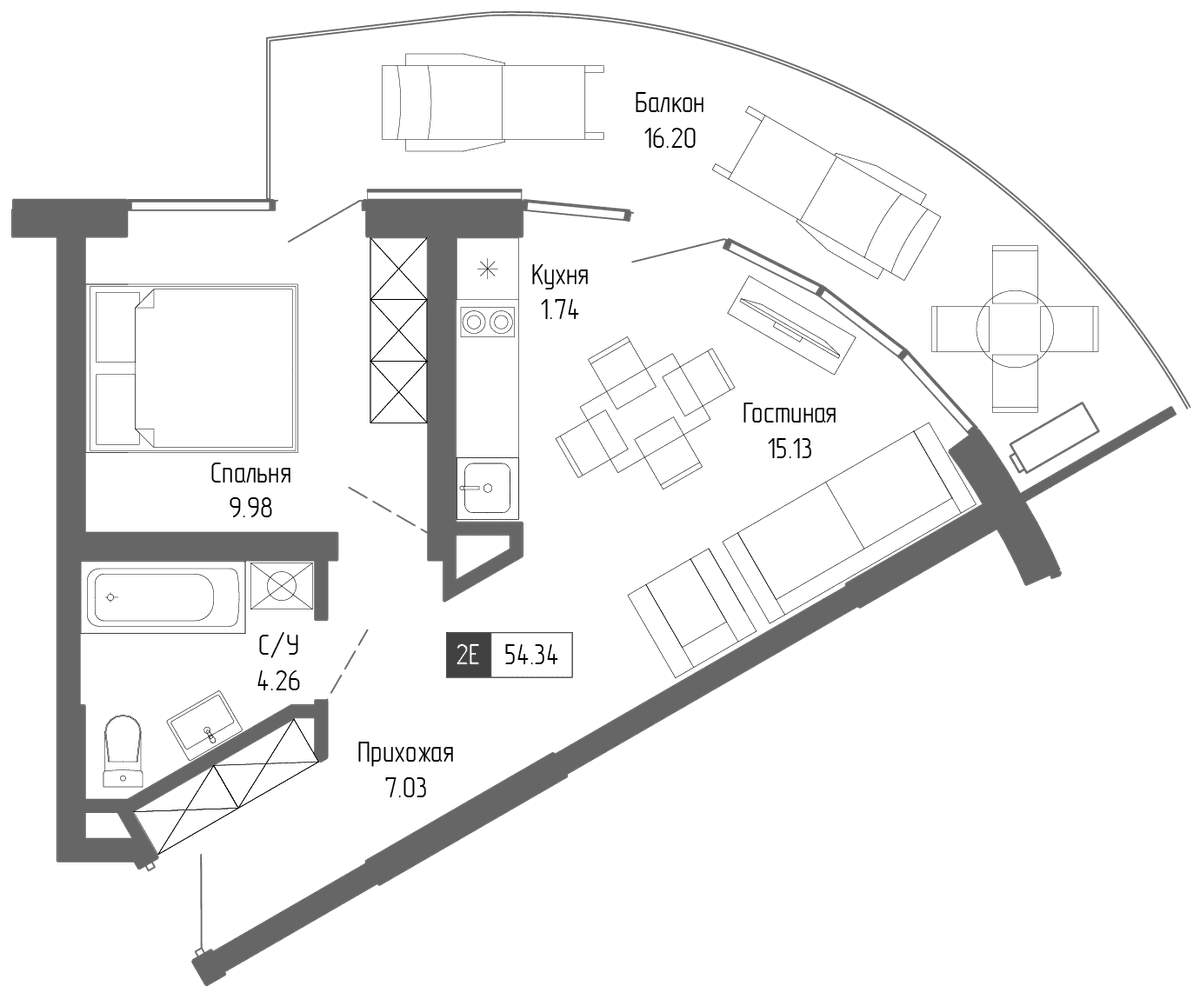 2-к, 54.34 м² · Крымская Резиденция