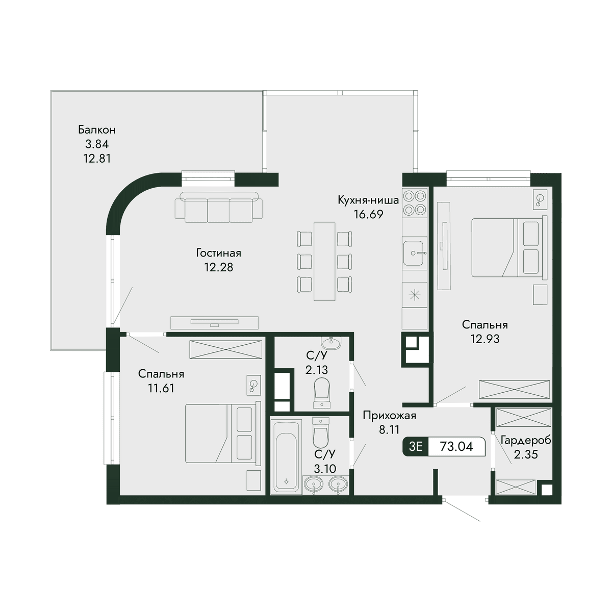 3-к, 73.04 м² · Парковая Резиденция
