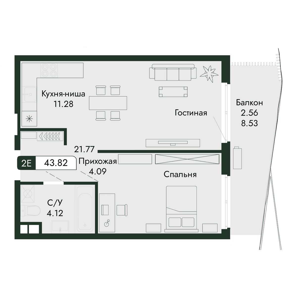 2-к, 43.82 м² · Парковая Резиденция