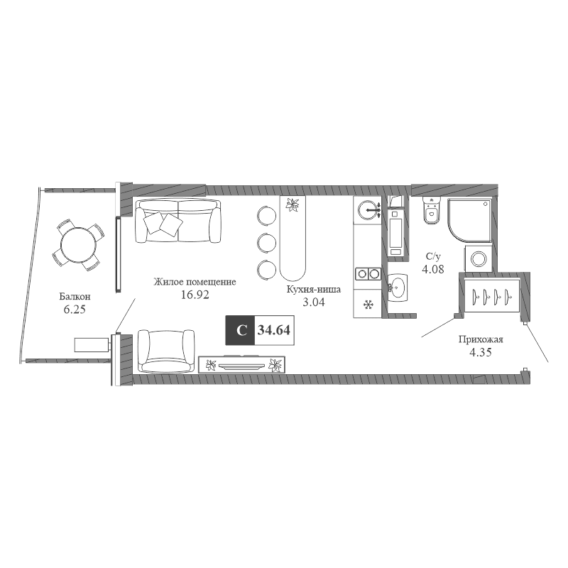1-к, 34.64 м² · Крымская Резиденция