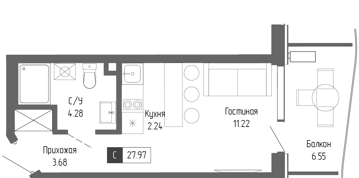 1-к, 27.97 м² · Крымская Резиденция