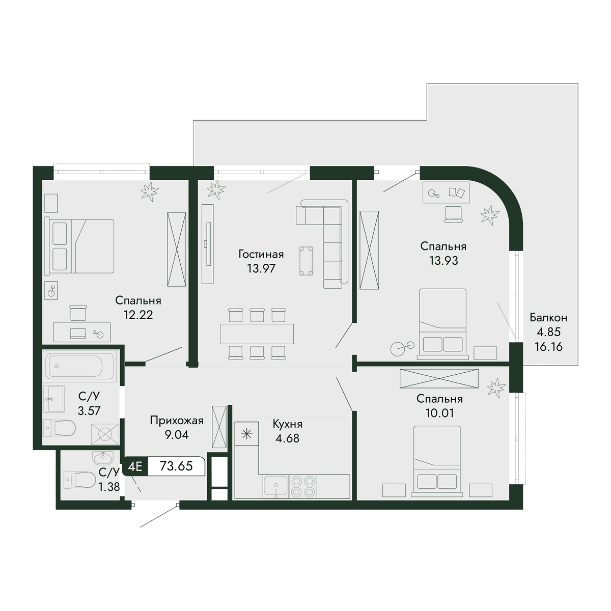 4-к, 73.65 м² · Парковая Резиденция