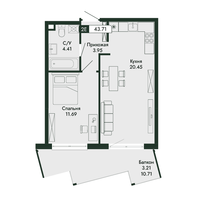 2-к, 43.71 м² · Парковая Резиденция