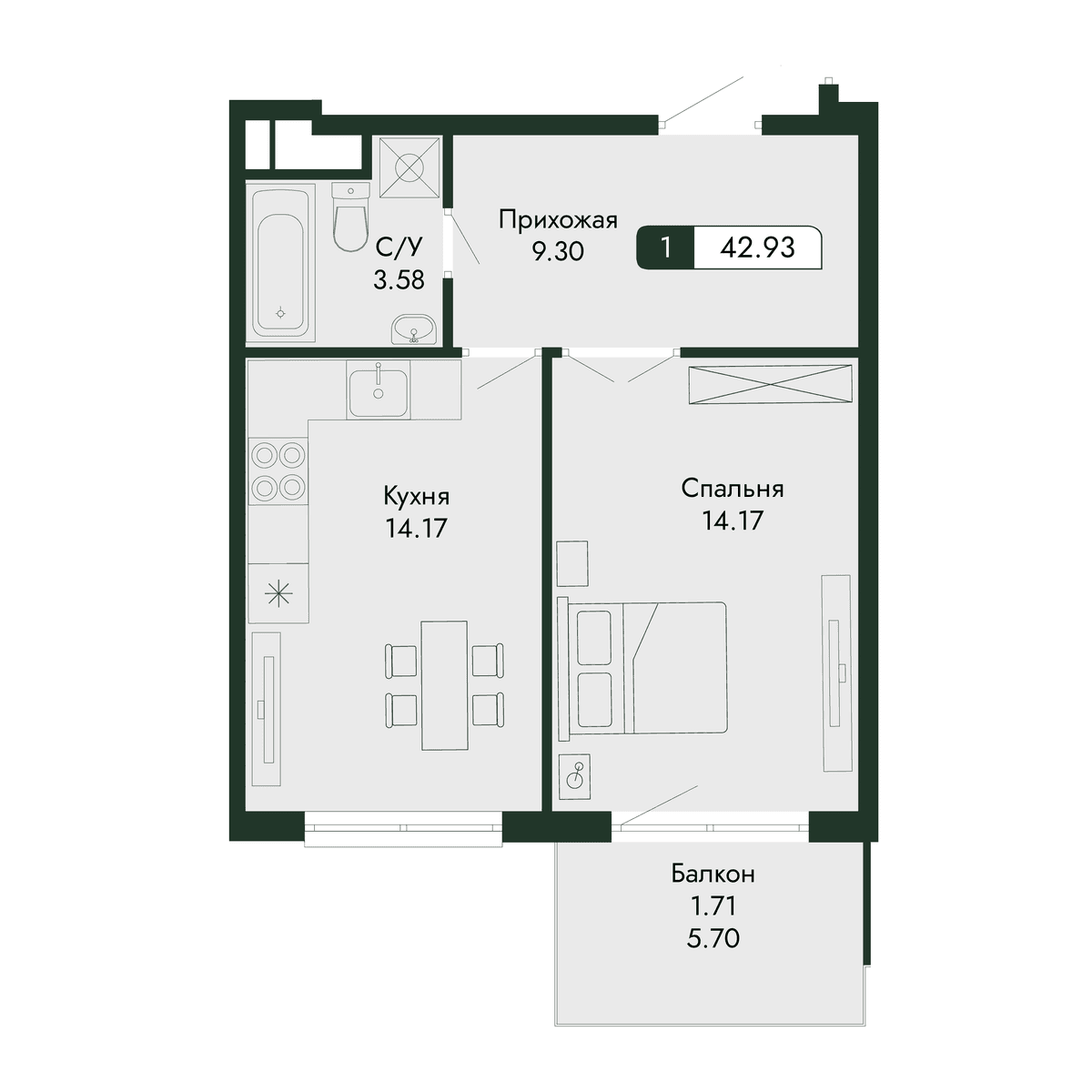 2-к, 42.93 м² · Парковая Резиденция