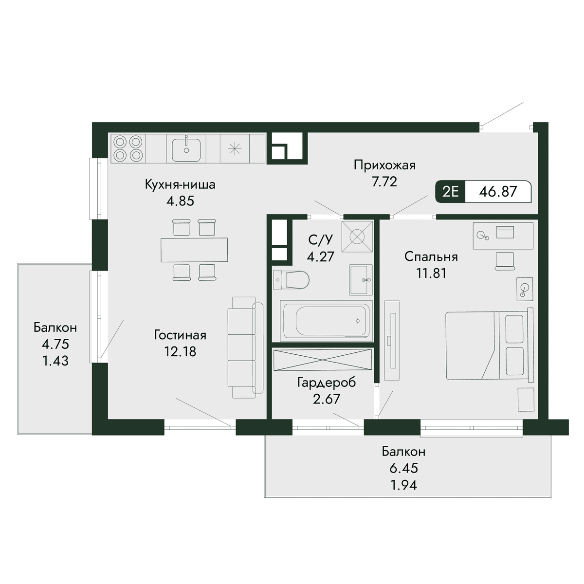 2-к, 46.87 м² · Парковая Резиденция