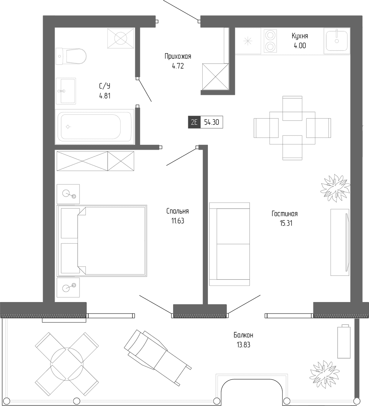 2-к, 54.3 м² · Крымская Резиденция