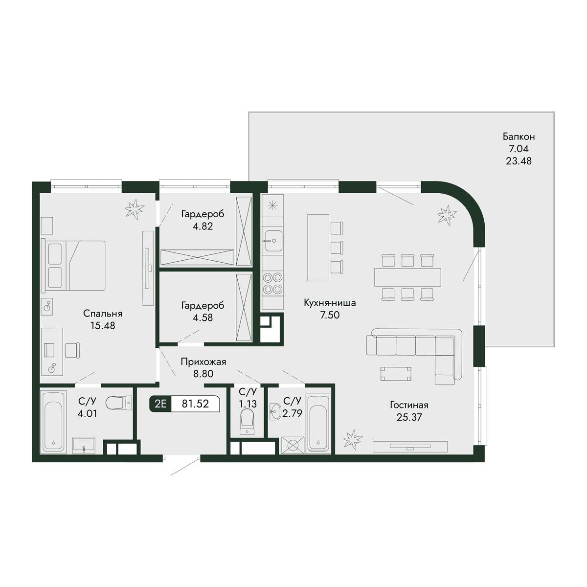 2-к, 81.52 м² · Парковая Резиденция