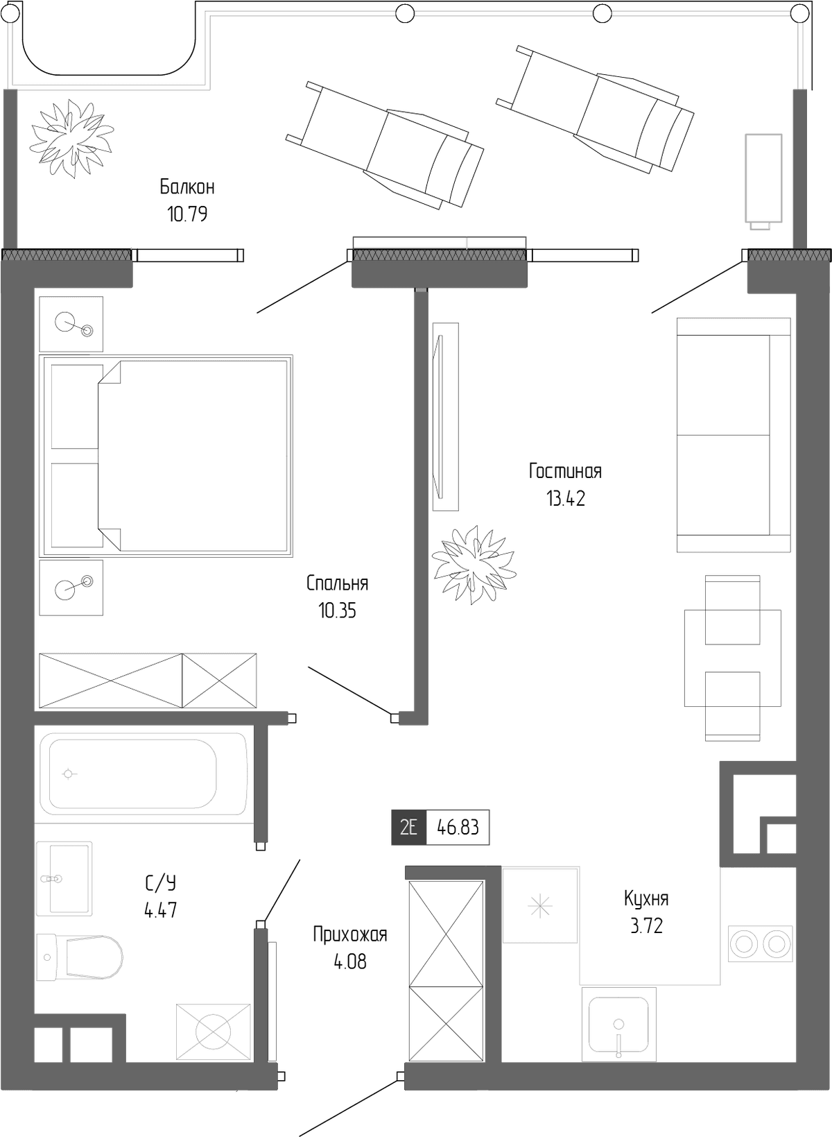 2-к, 46.83 м² · Крымская Резиденция
