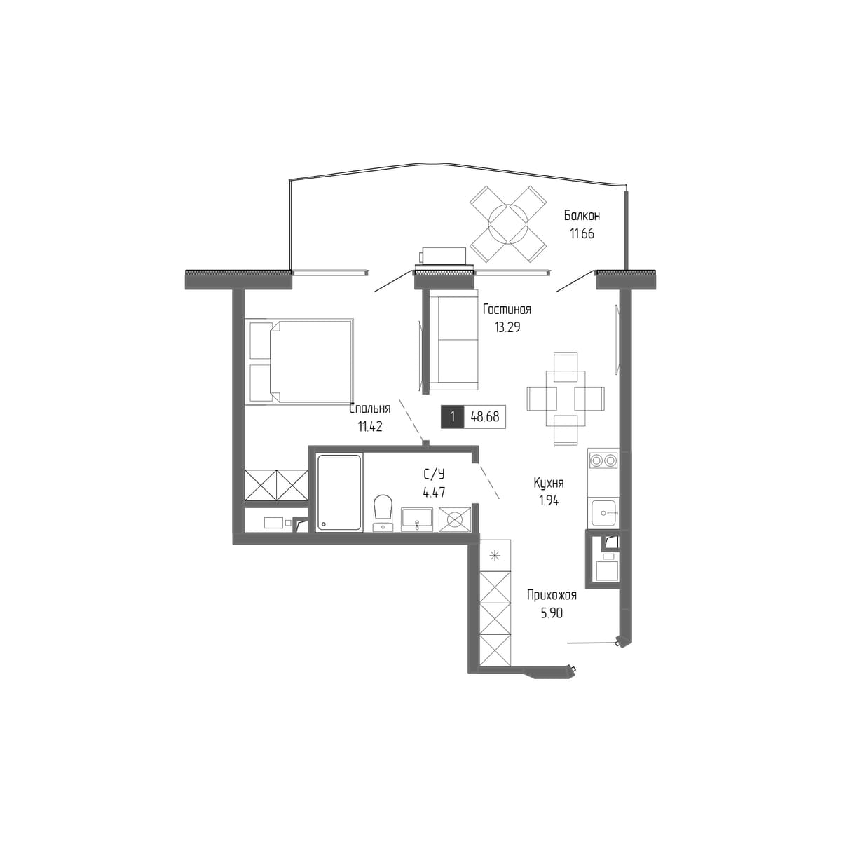 2-к, 48.68 м² · Крымская Резиденция
