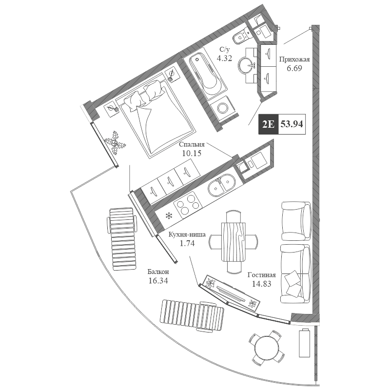 2-к, 53.94 м² · Крымская Резиденция