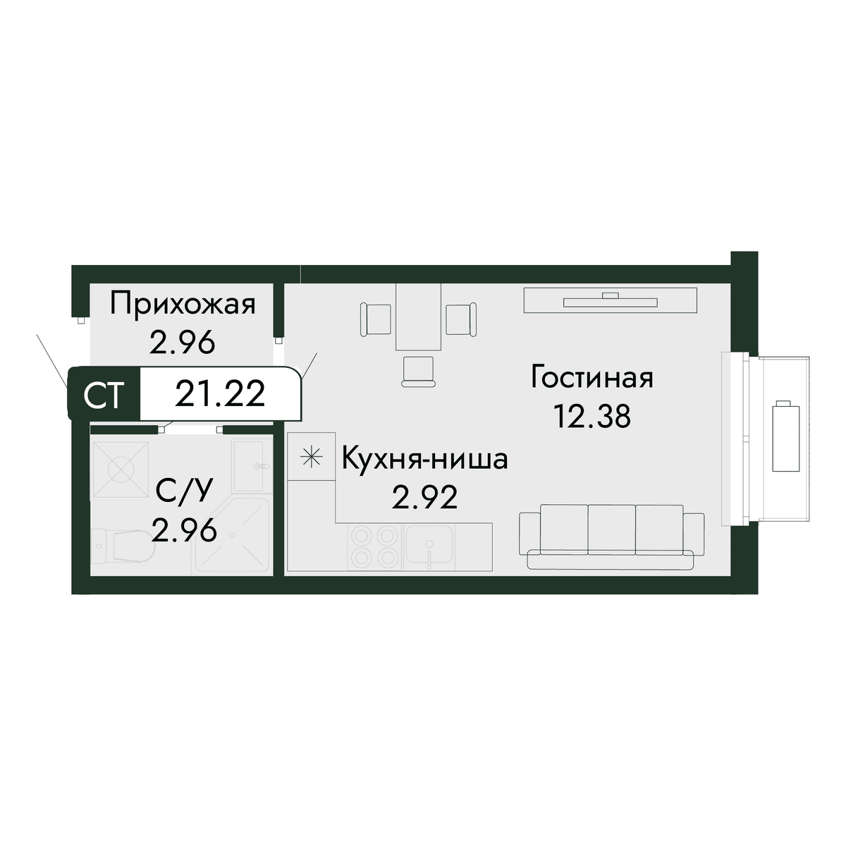1-к, 21.22 м² · Парковая Резиденция