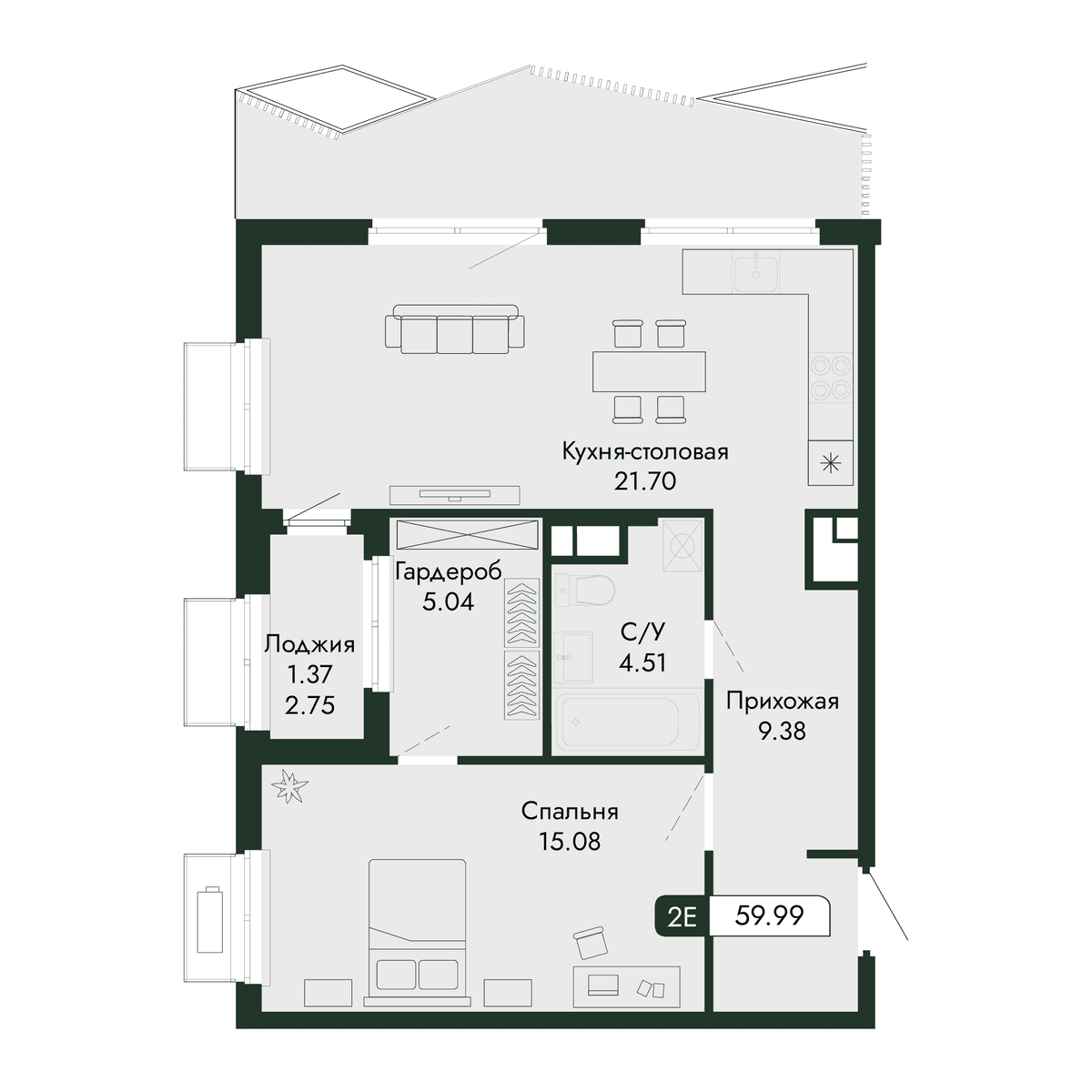2-к, 59.99 м² · Парковая Резиденция
