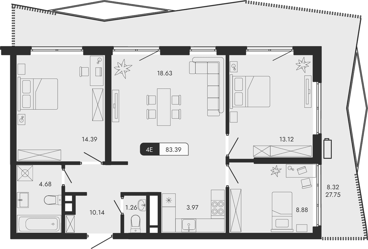 4-к, 83.39 м² · Парковая Резиденция
