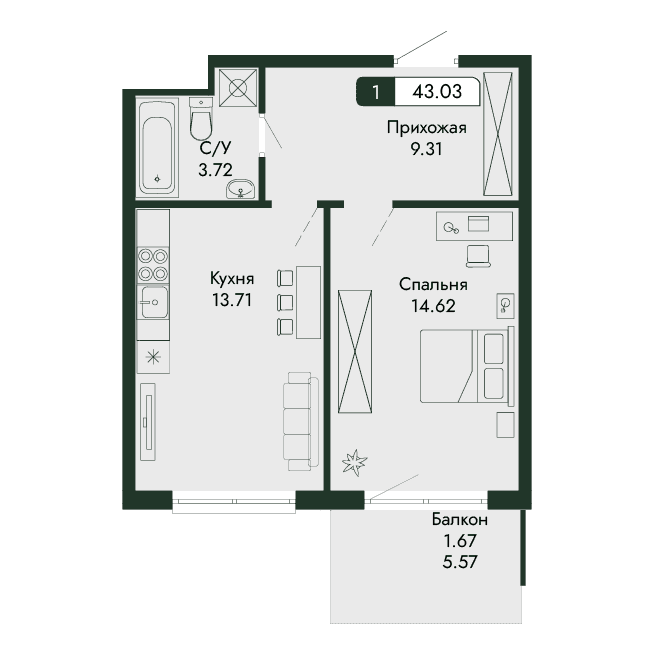 2-к, 43.03 м² · Парковая Резиденция