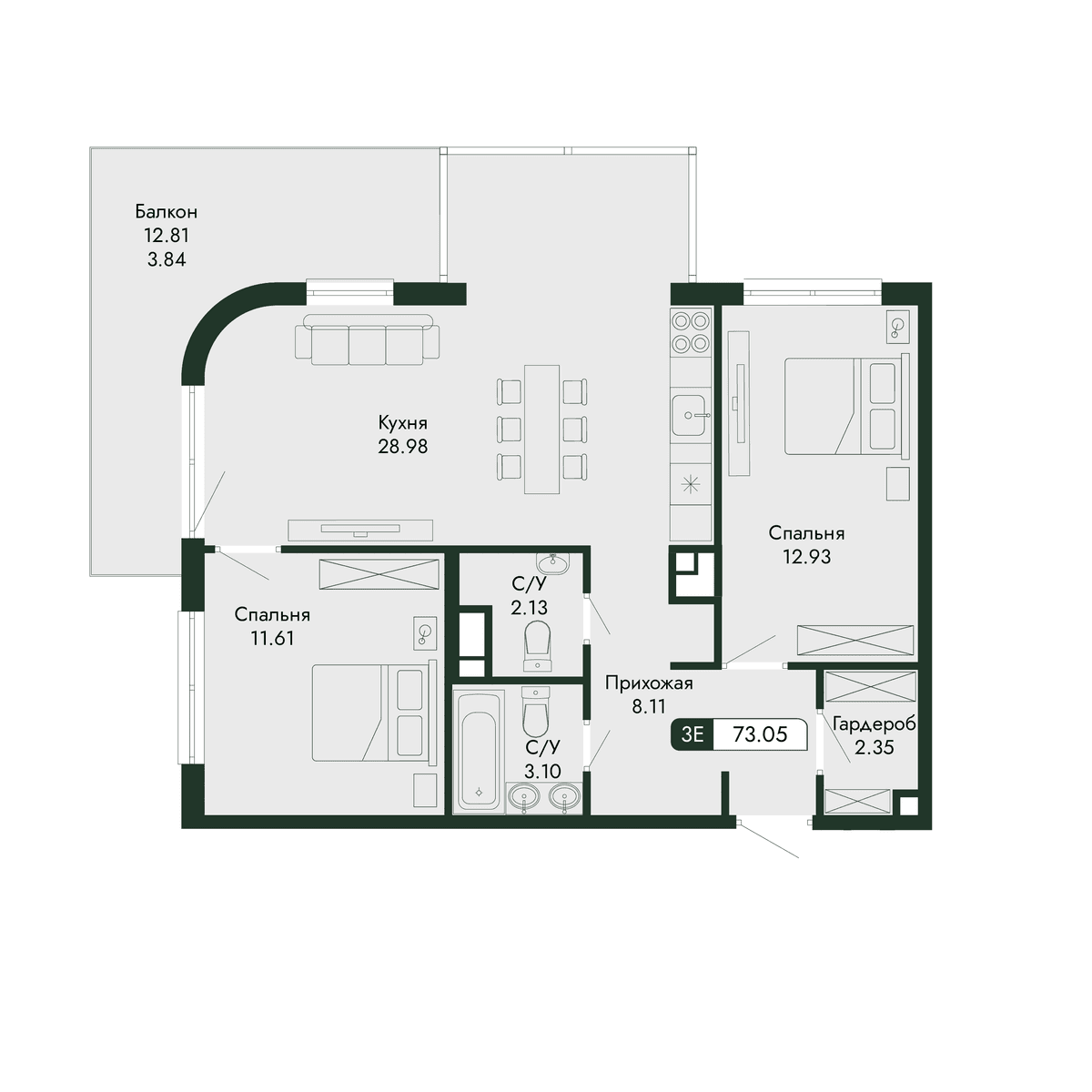 3-к, 73.05 м² · Парковая Резиденция