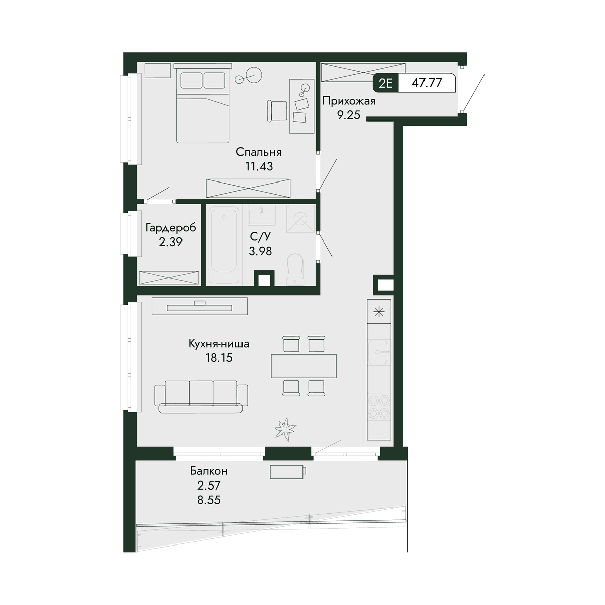 2-к, 47.77 м² · Парковая Резиденция