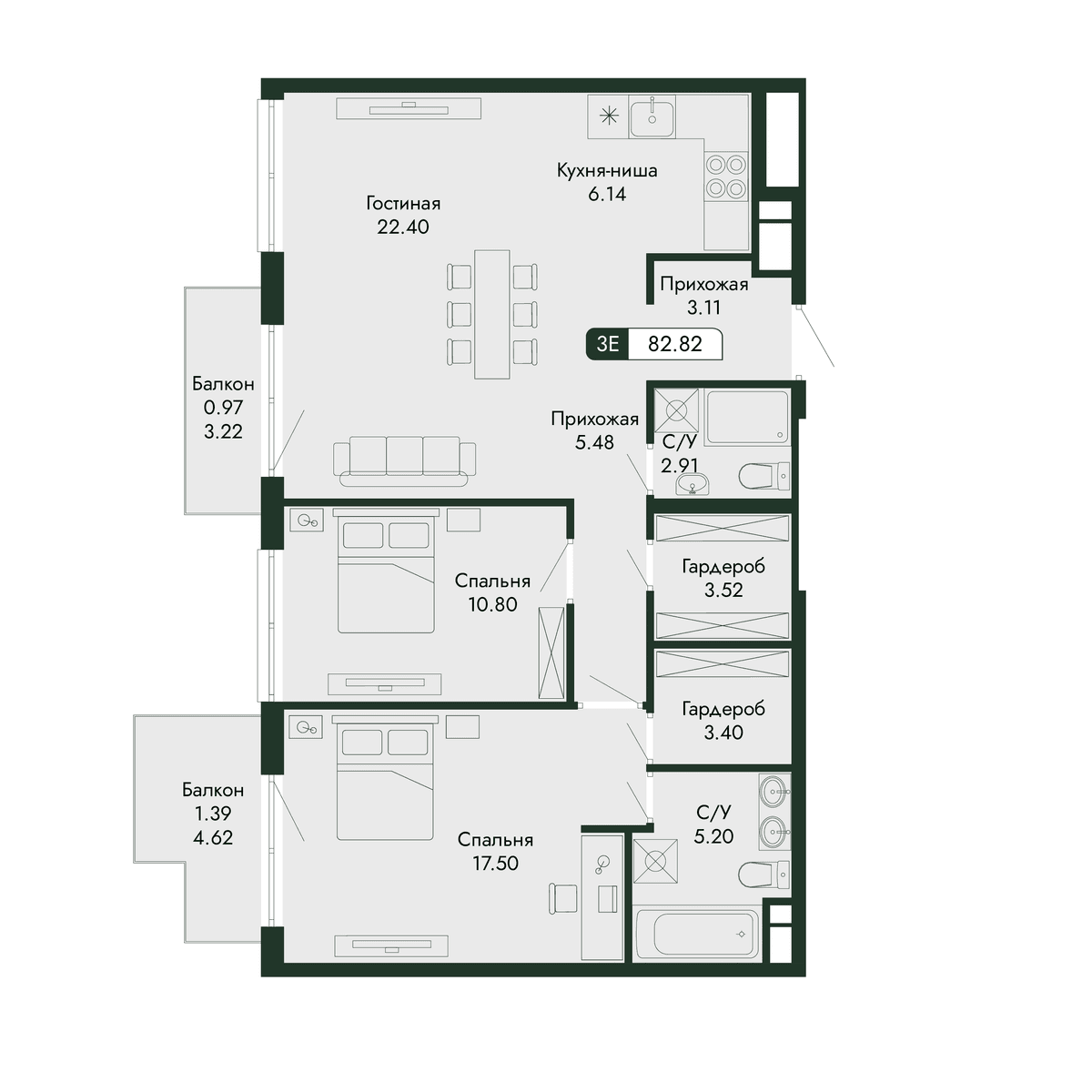 3-к, 82.82 м² · Парковая Резиденция
