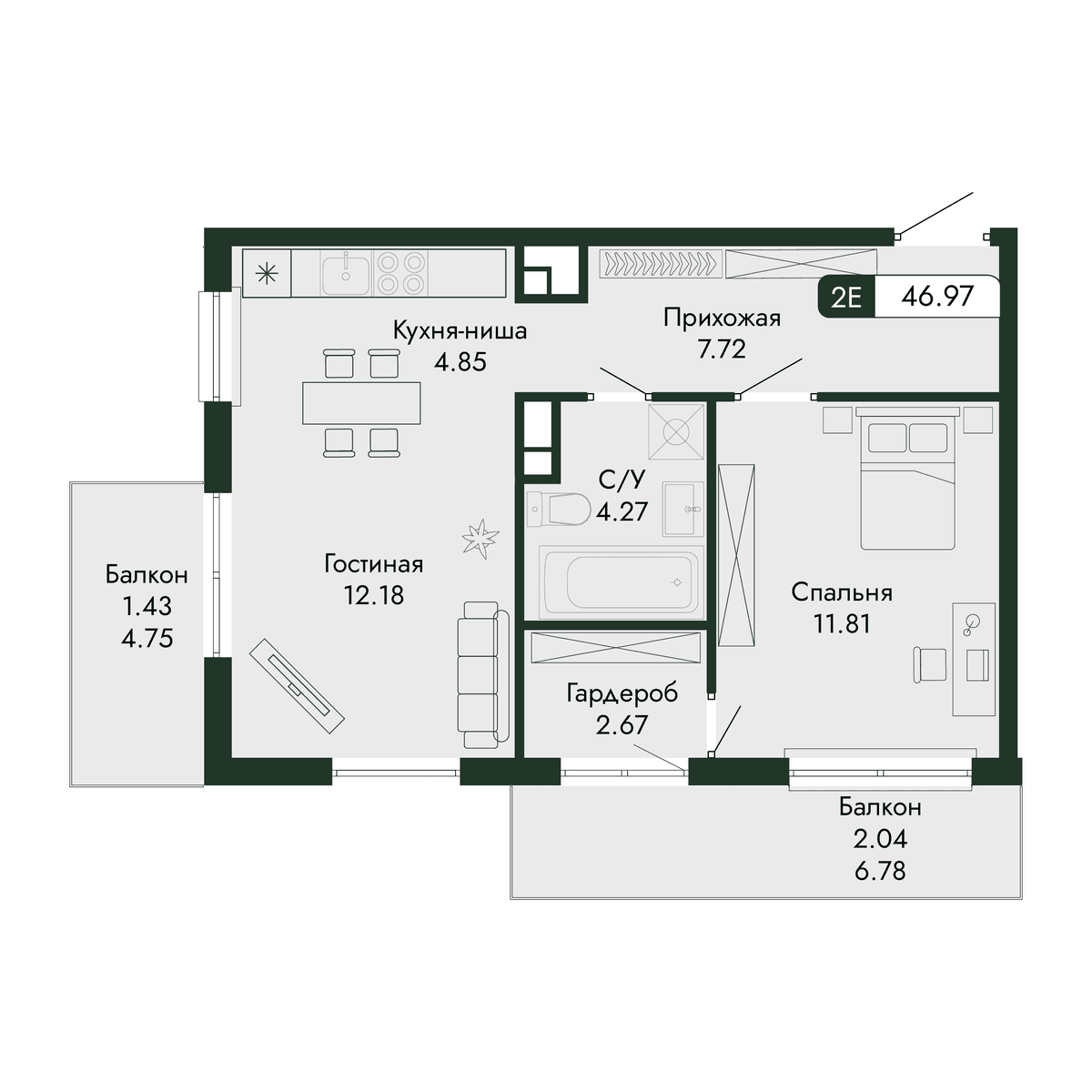 2-к, 46.97 м² · Парковая Резиденция
