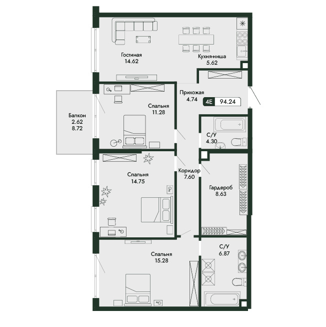 4-к, 94.24 м² · Парковая Резиденция