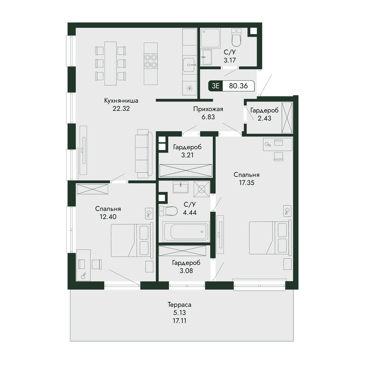 3-к, 80.36 м² · Парковая Резиденция