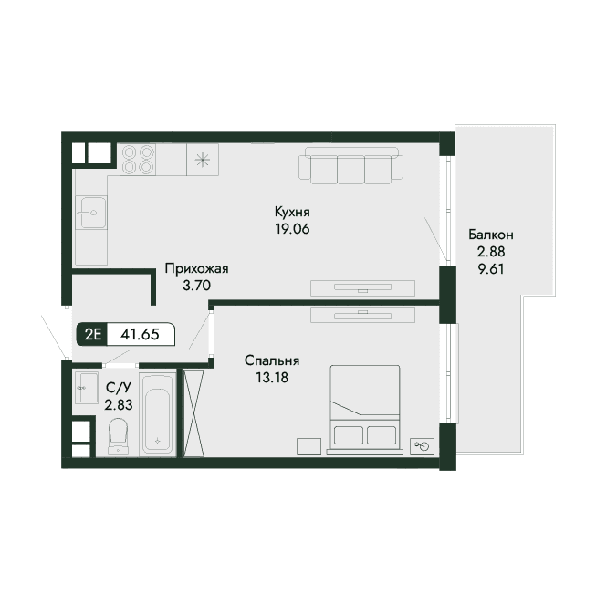 2-к, 41.65 м² · Парковая Резиденция