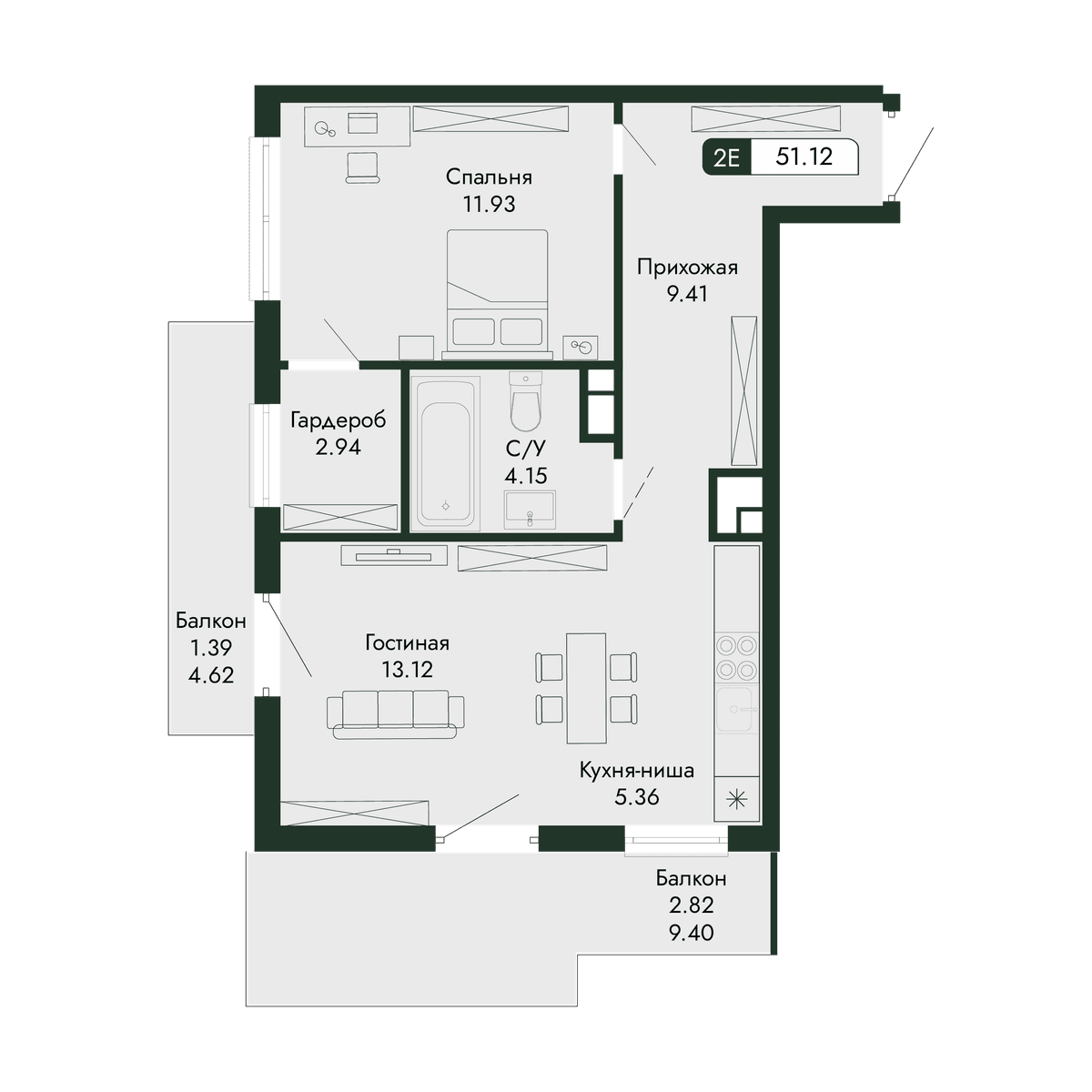 2-к, 51.12 м² · Парковая Резиденция