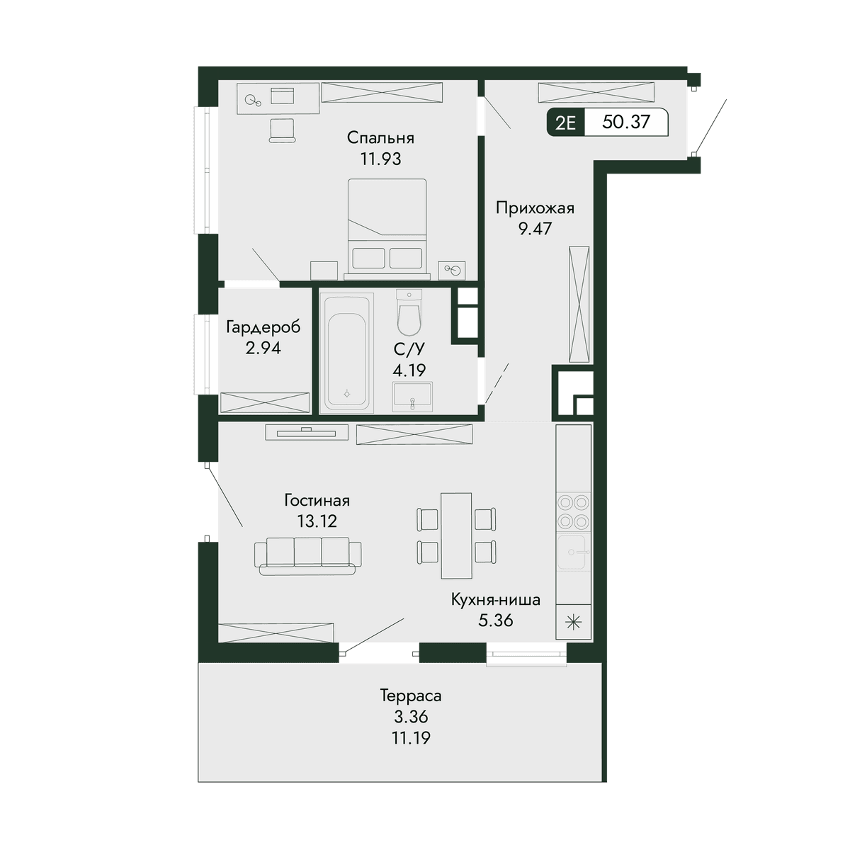 2-к, 50.37 м² · Парковая Резиденция