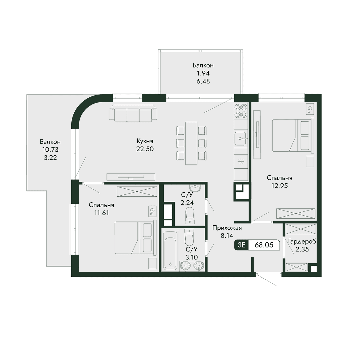 3-к, 68.05 м² · Парковая Резиденция