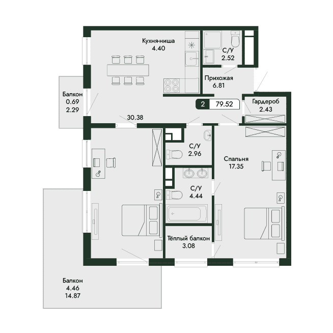 3-к, 79.52 м² · Парковая Резиденция