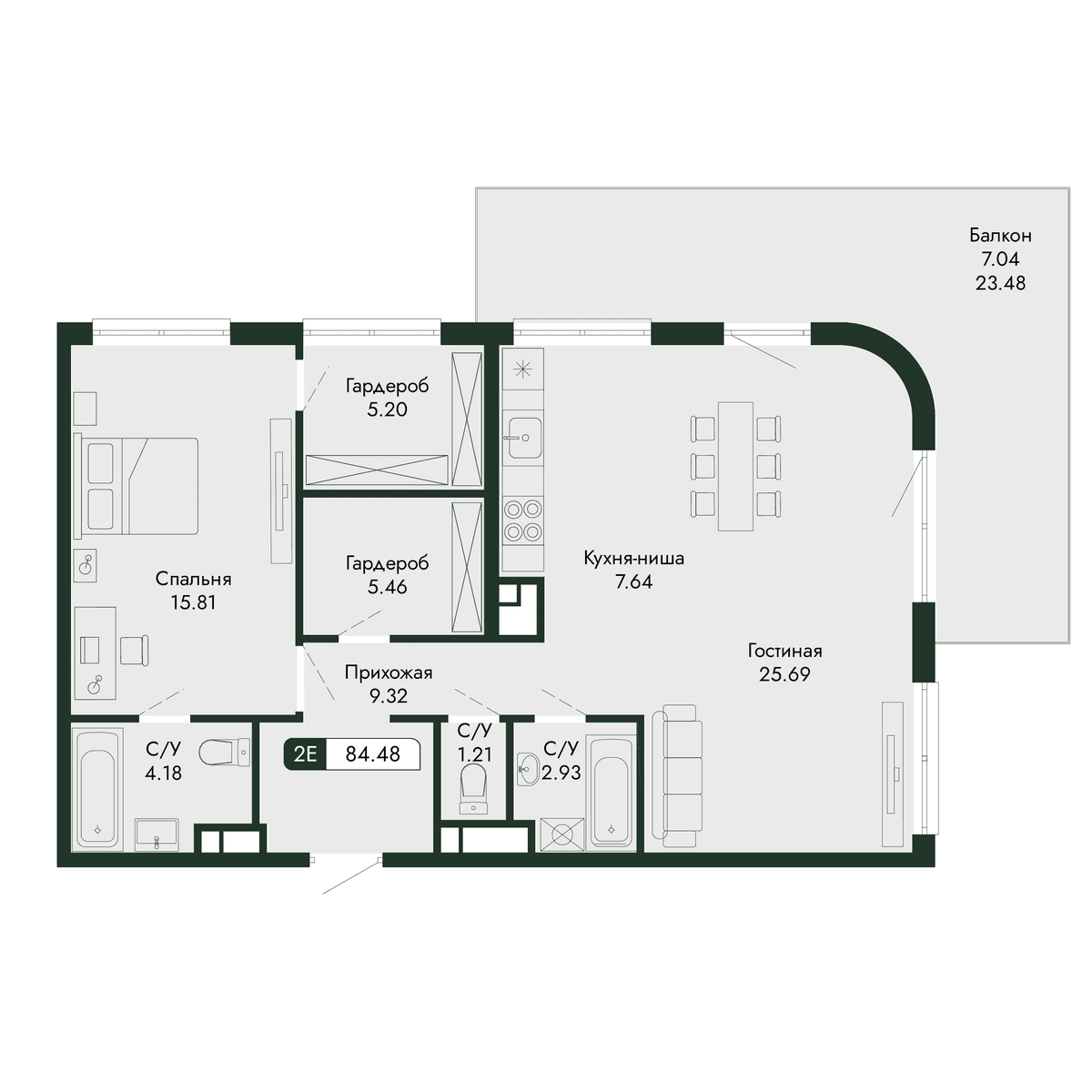 2-к, 84.48 м² · Парковая Резиденция