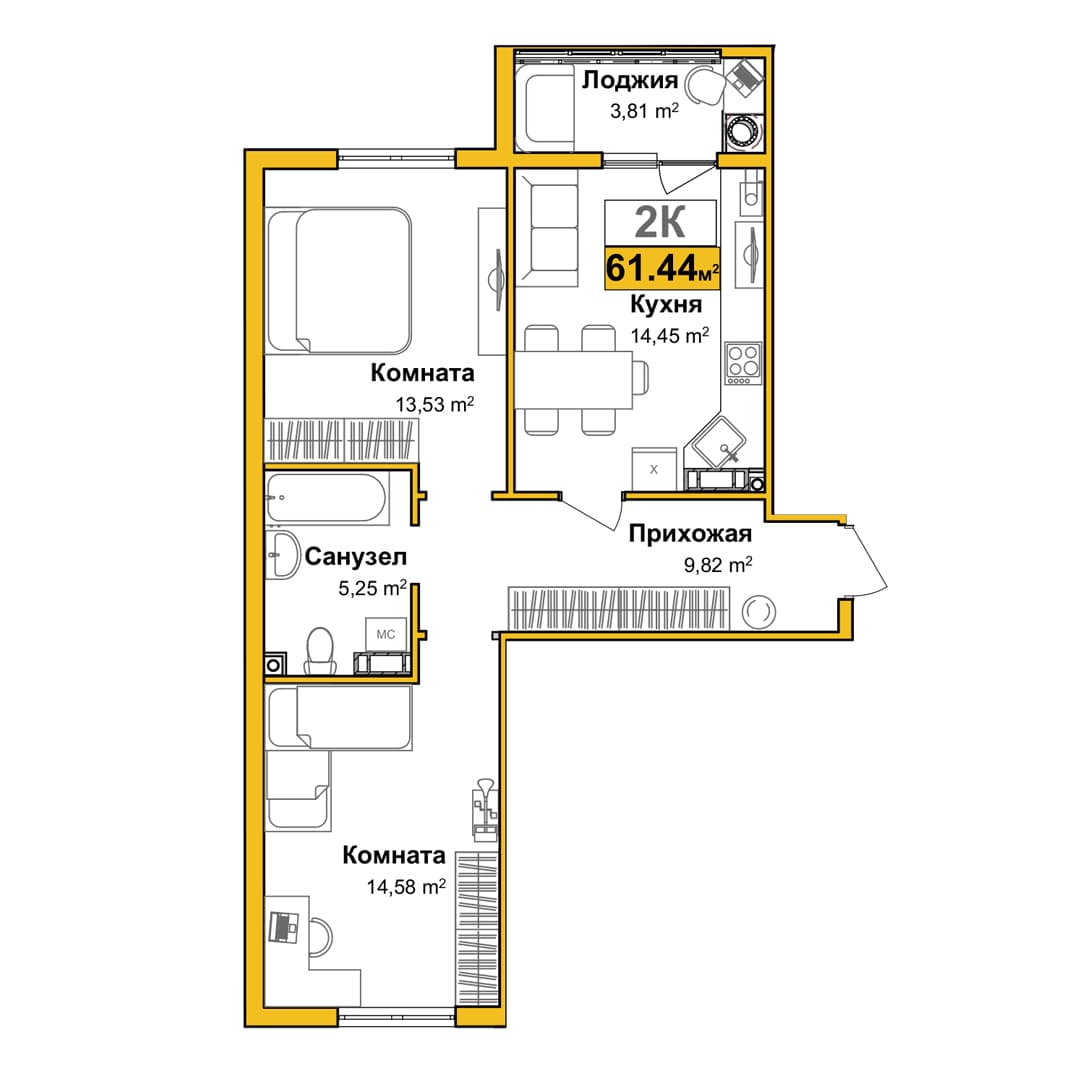 2-к, 58.1 м² · Город мира