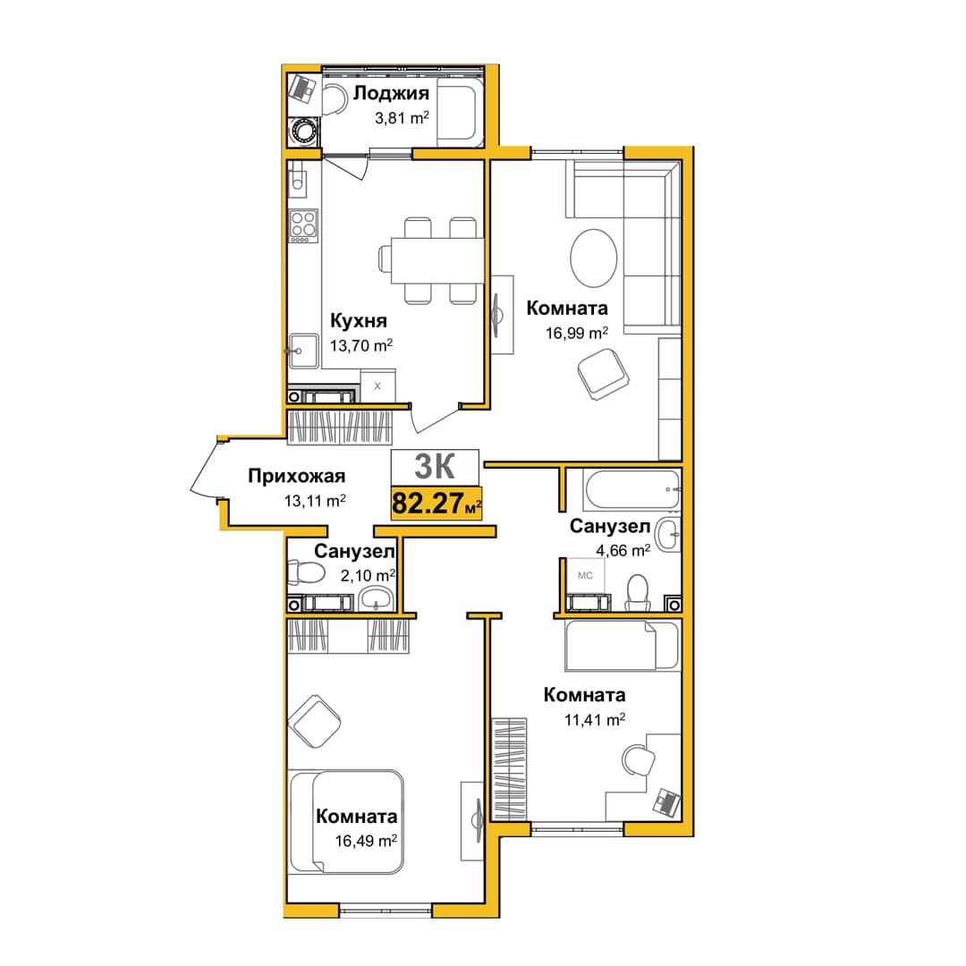 3-к, 78.7 м² · Город мира