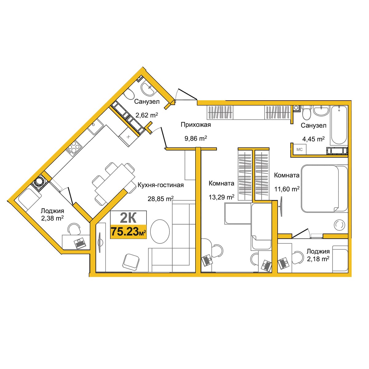 2-к, 70.9 м² · Город мира