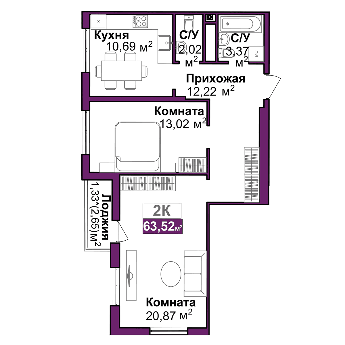 2-к, 61.3 м² · Город мира