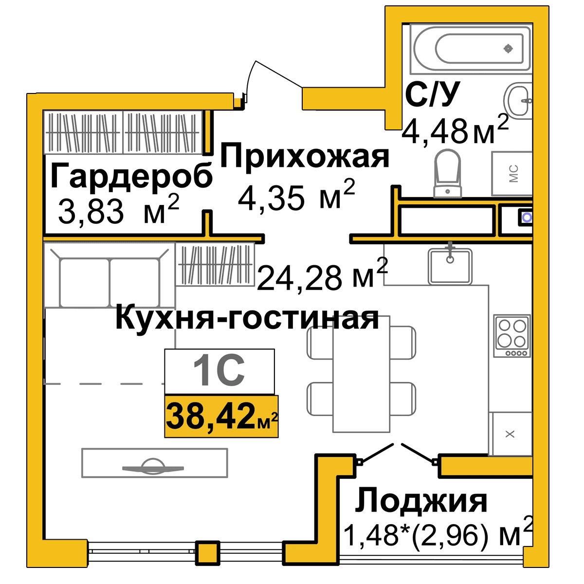 1-к, 36.6 м² · Город мира
