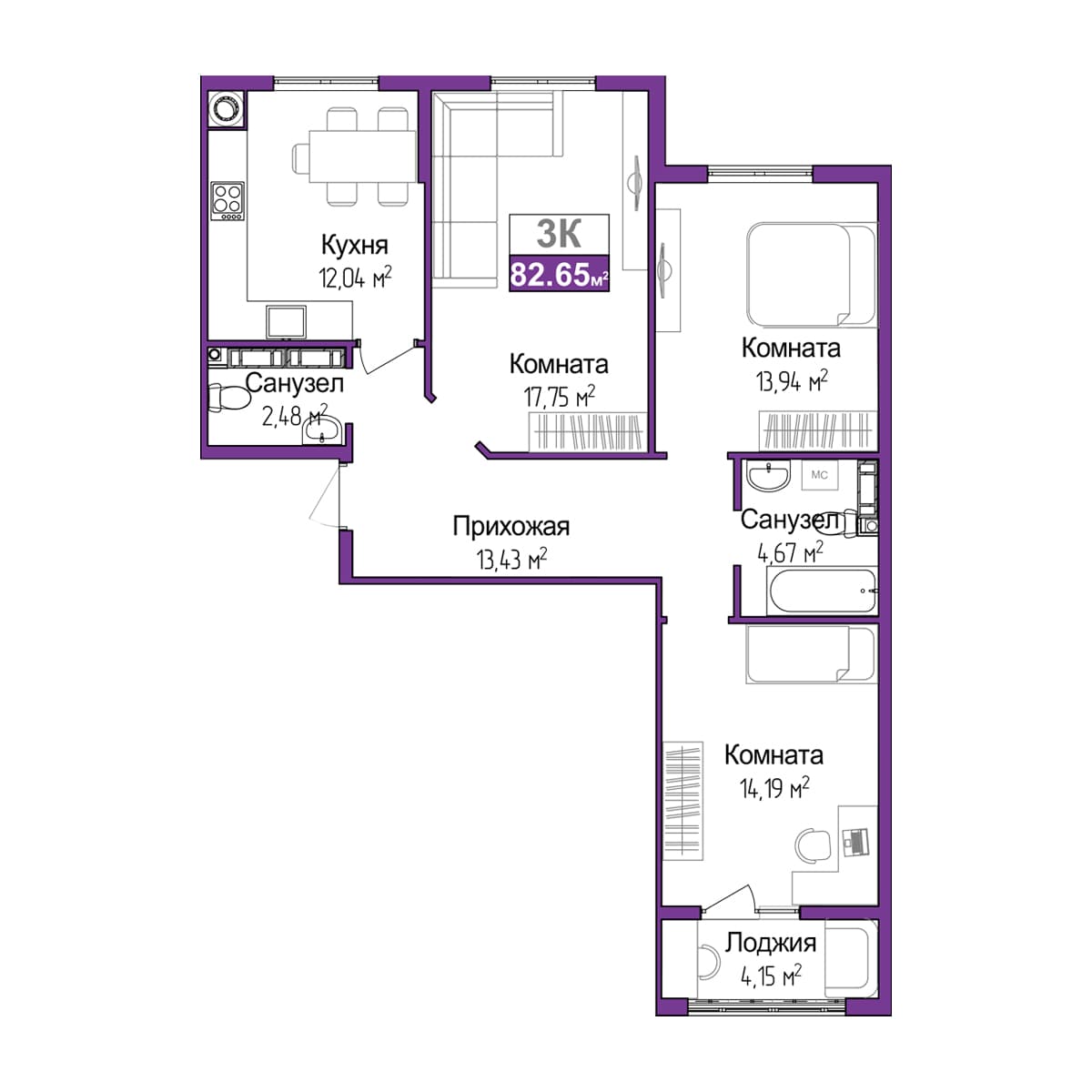 3-к, 80.57 м² · Город мира