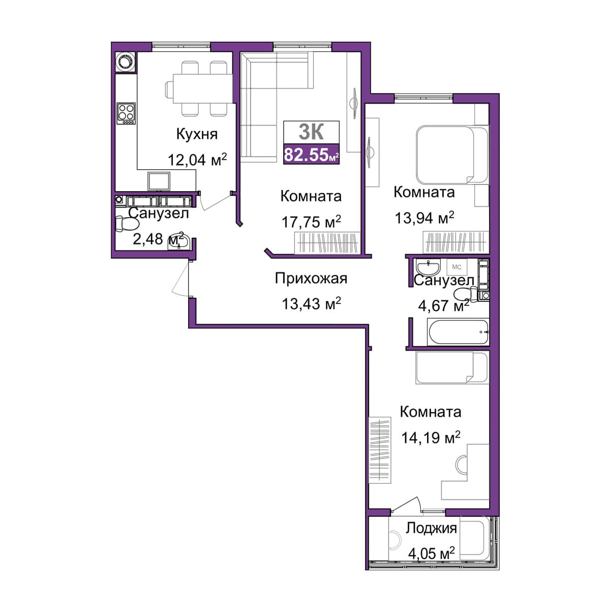 3-к, 80.52 м² · Город мира