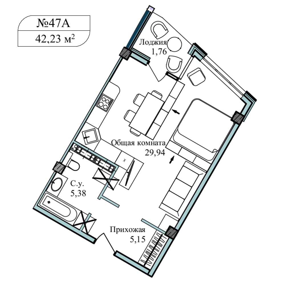 1-к, 43.3 м² · Апарт-комплекс «GARDEN»