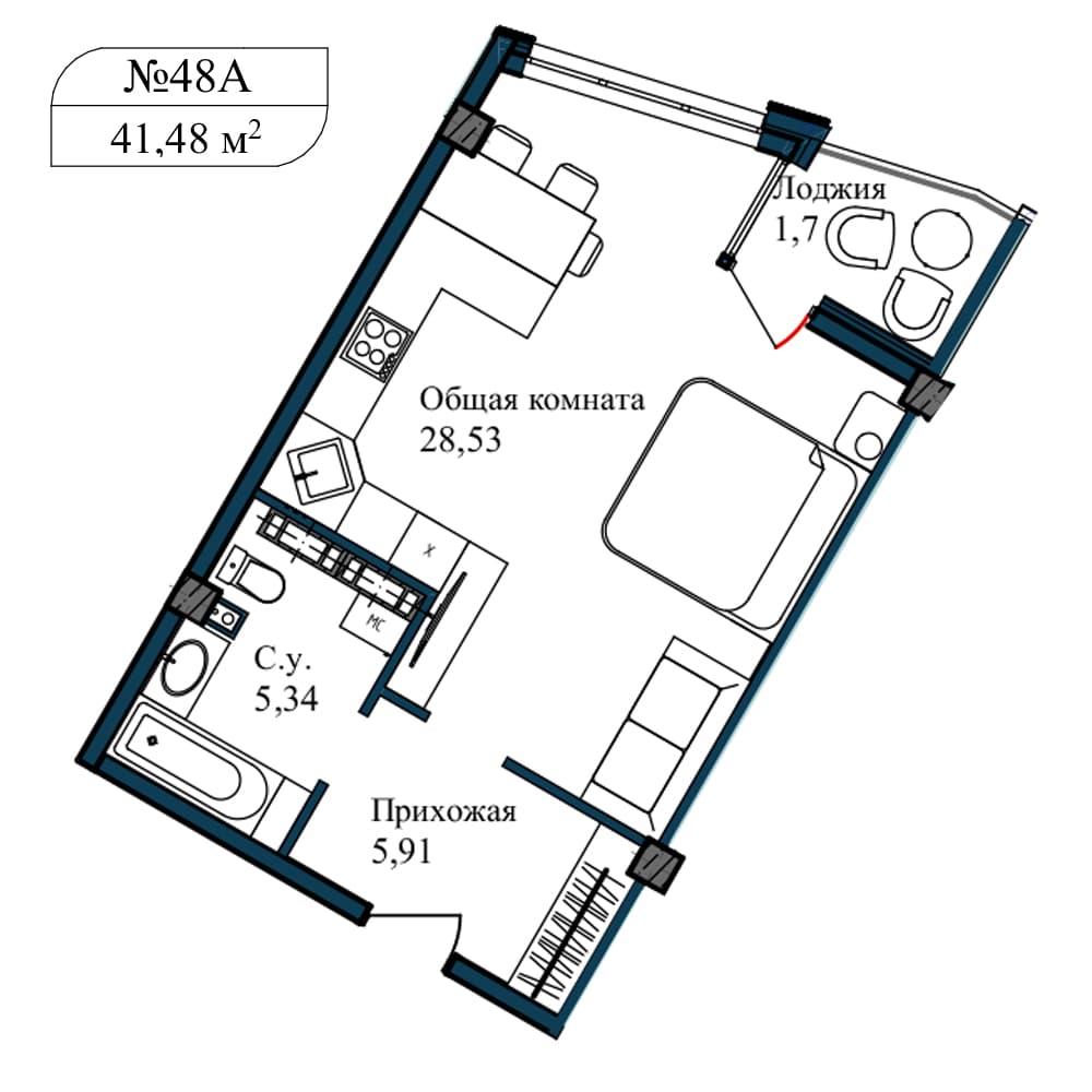 1-к, 42.8 м² · Апарт-комплекс «GARDEN»