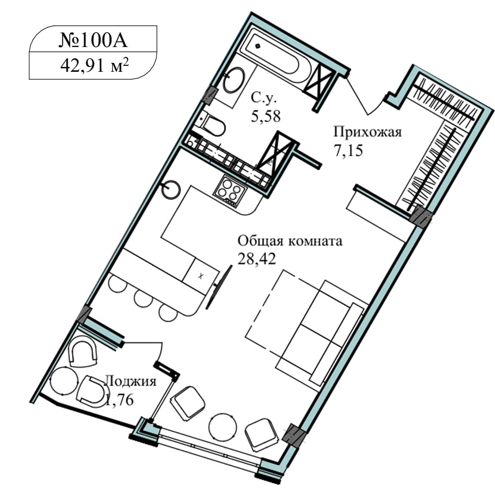 1-к, 44.4 м² · Апарт-комплекс «GARDEN»