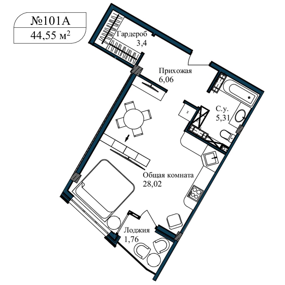 1-к, 46.5 м² · Апарт-комплекс «GARDEN»