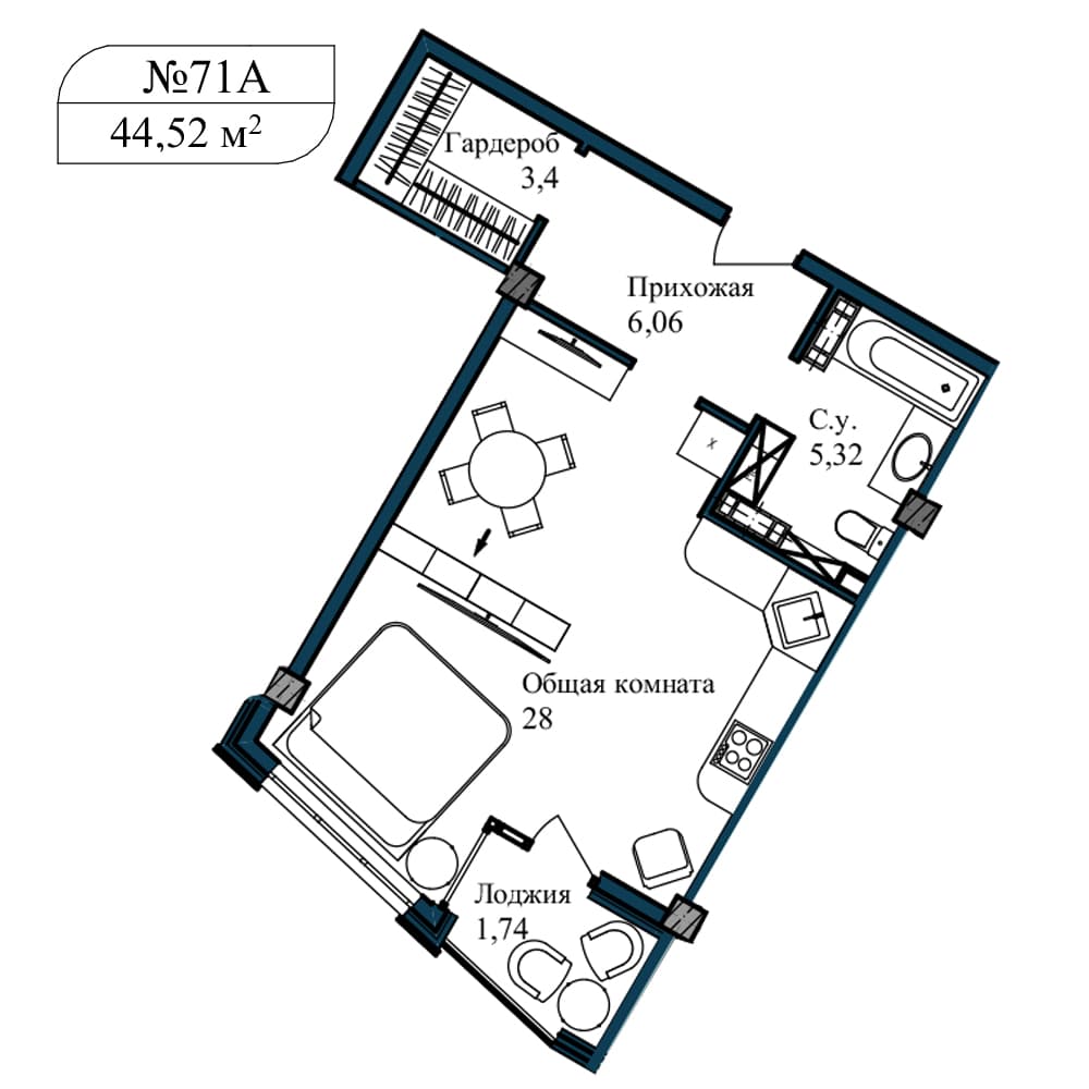 1-к, 46.5 м² · Апарт-комплекс «GARDEN»
