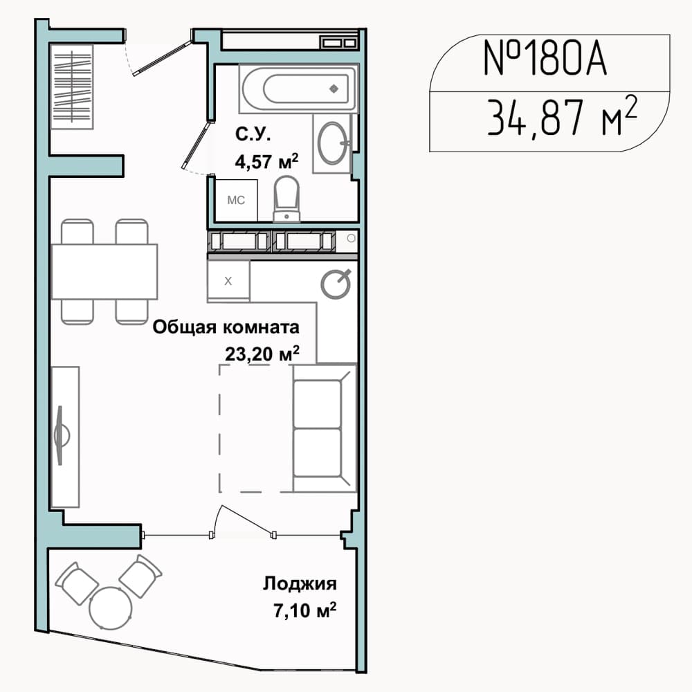 1-к, 34.3 м² · Апарт-комплекс «GARDEN»