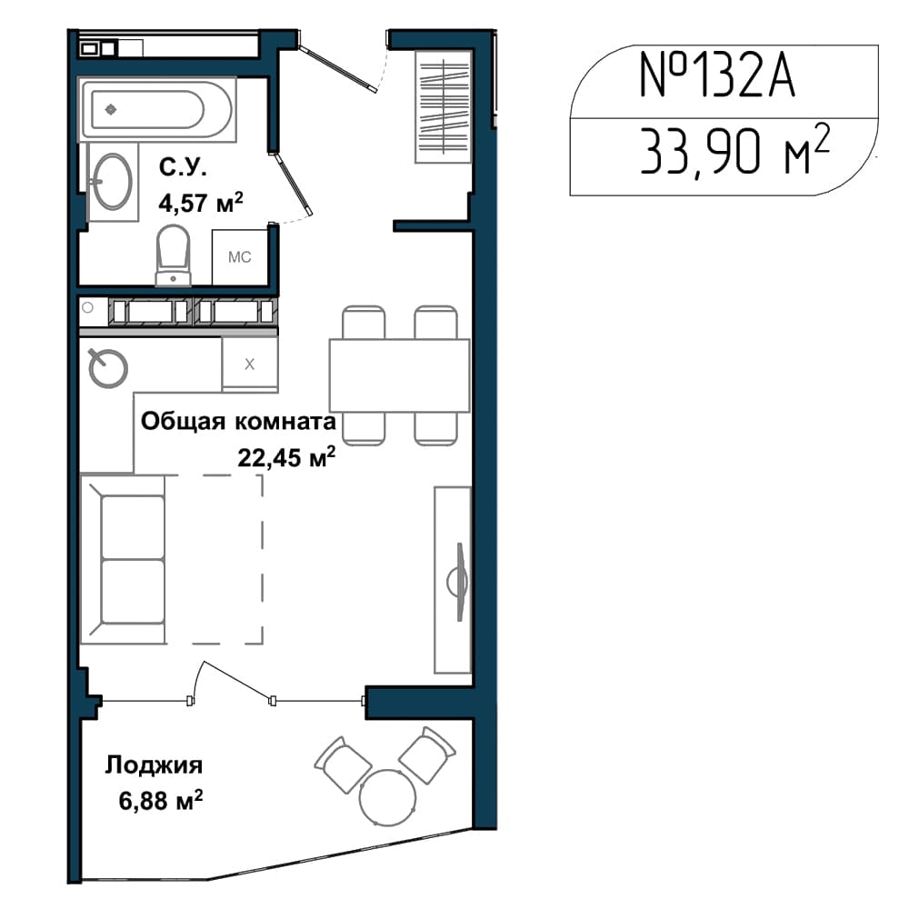 1-к, 33.5 м² · Апарт-комплекс «GARDEN»