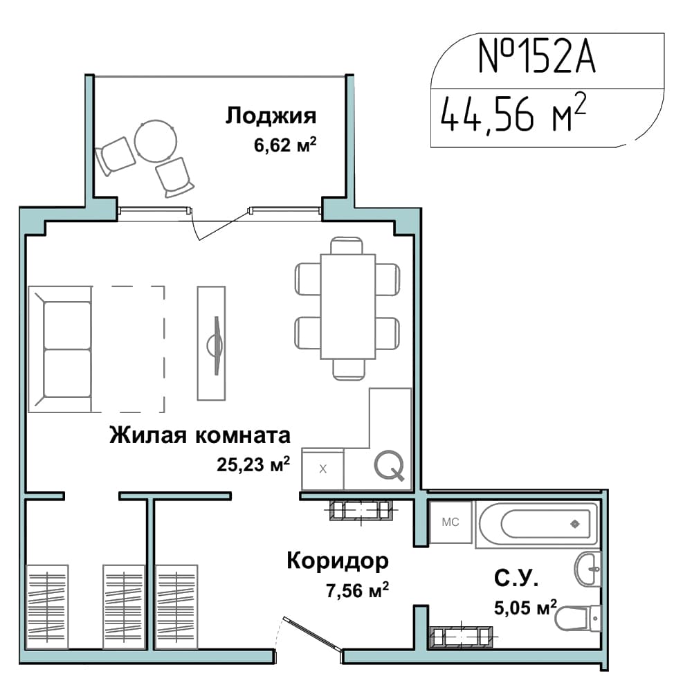 1-к, 44 м² · Апарт-комплекс «GARDEN»